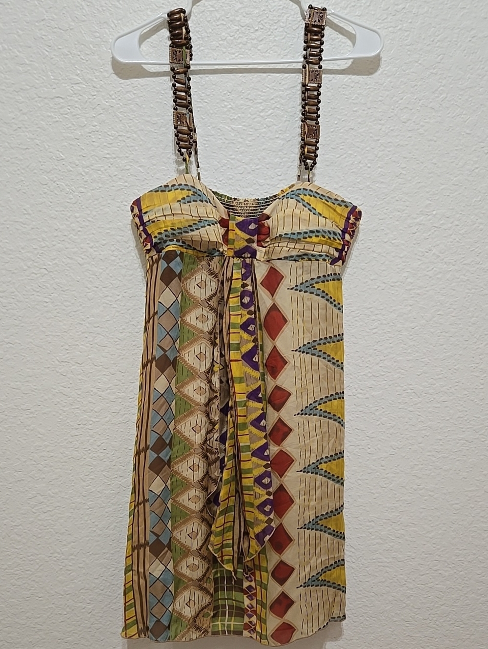 SINGLE DRESS 100% Silk Geometric Print Sundress with Wooden Adjustable Straps